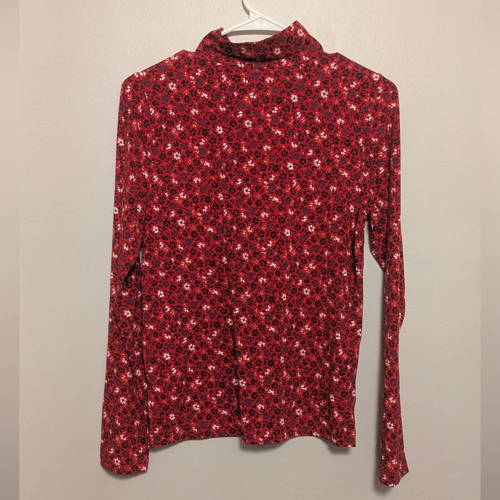 NWT Loft Red Floral Print Mock Neck Long Sleeve Top - Picture 3 of 4